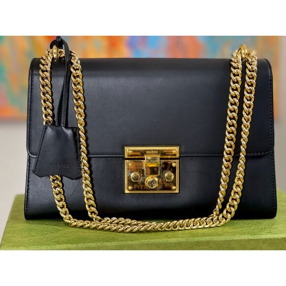 GUCCI Black Large Leather Padlock Chain Bag Shoulder Gold Lock Key Crossbody EUC - Picture 2 of 16